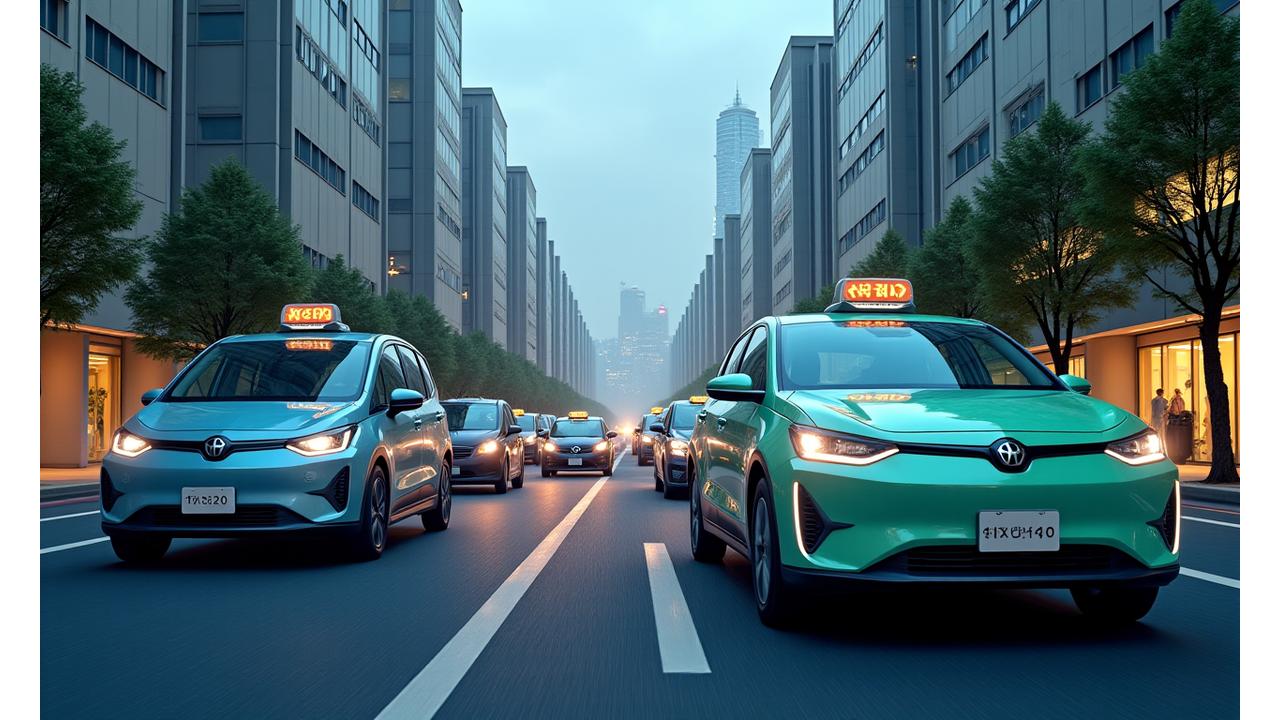 都会の道路を走る多様なカーシェアリング車両が、環境に配慮した技術と革新的なデザインを強調している様子。ダイナミックで信頼感のある構図。